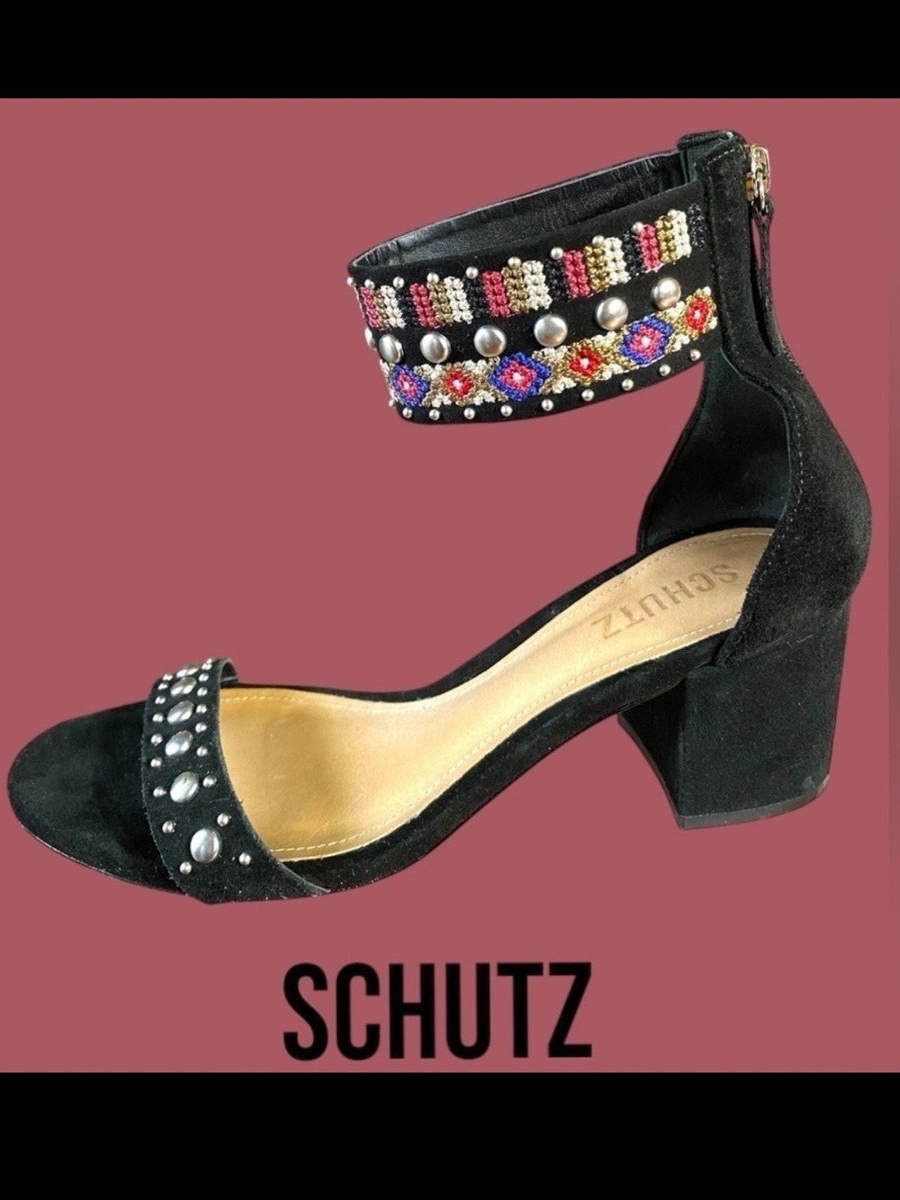 SCHUTZ-size 8.5 Naharis Heel, black suede, embroidered/beaded, back zip. EUC!